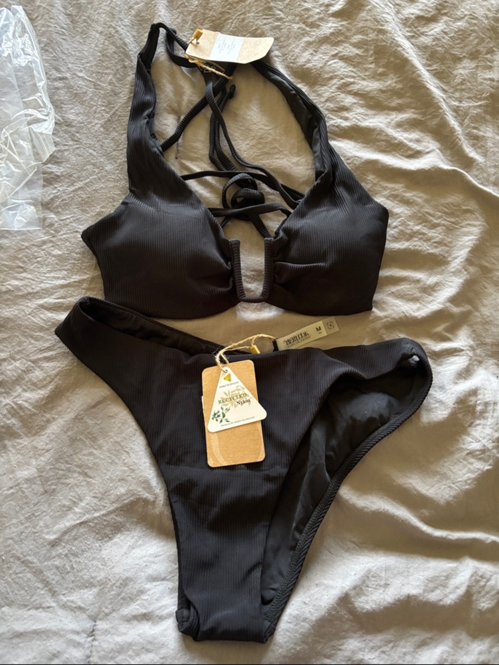 BERLOOK Black Ribbed Halter Bikini Set - Women Swim